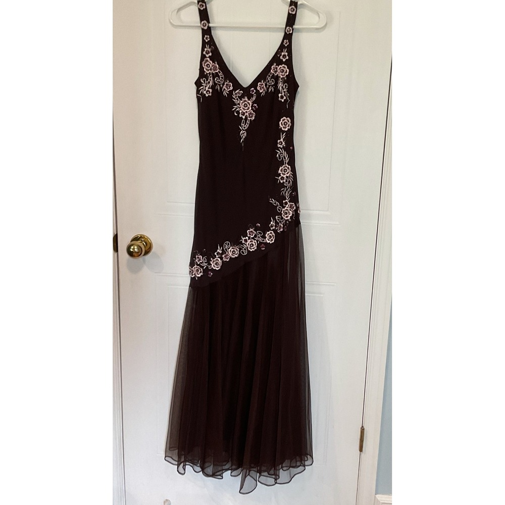 R&M Richards Gown Womens 6P Brown NWT Floral Embroidered Tulle Maxi Dress